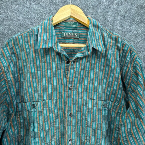 Vtg 90s Levis Sutter Creek Shirt Mens Large Teal Flannel Western Southwest Aztec - Picture 2 of 15